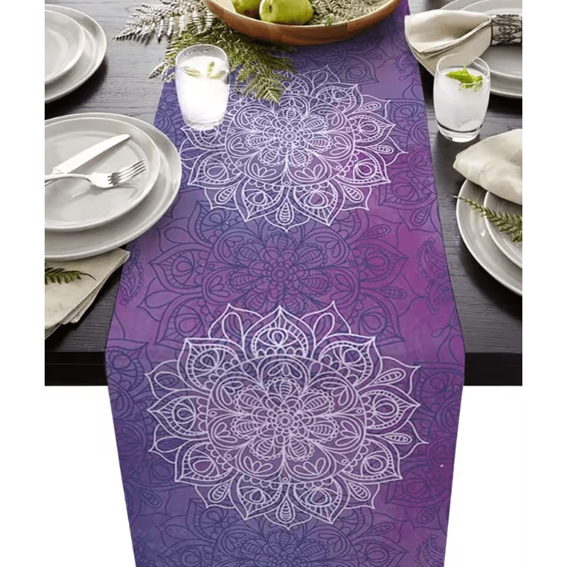 Bohemian Mandala Floral Linen Table Runner Rustic Farmhouse Boho Table Decor 0