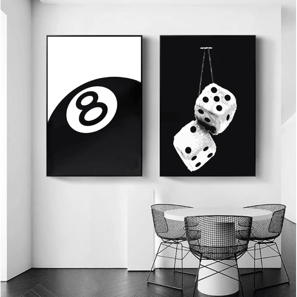 Black White 8 Ball Canvas Wall Art Modern Billiards Club Poster Decor 0