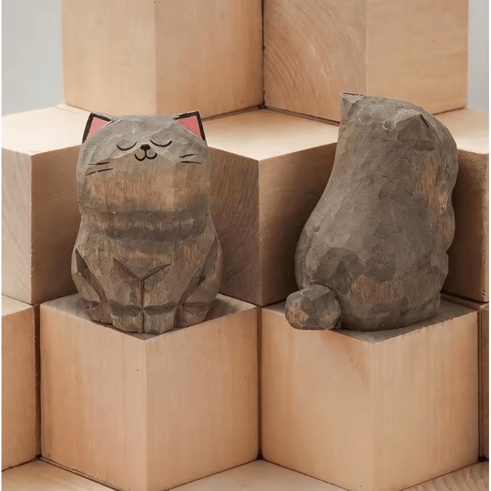 Handcrafted Wooden Cat Figurine Cute Kitten Desk Car Decor Ornament 0