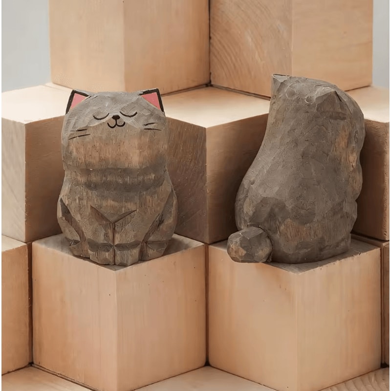 Handcrafted Wooden Cat Figurine Cute Kitten Desk Car Decor Ornament 0