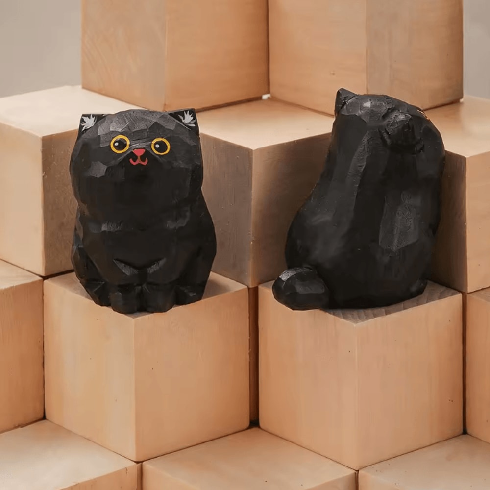Handcrafted Wooden Cat Figurine Cute Kitten Desk Car Decor Ornament 9