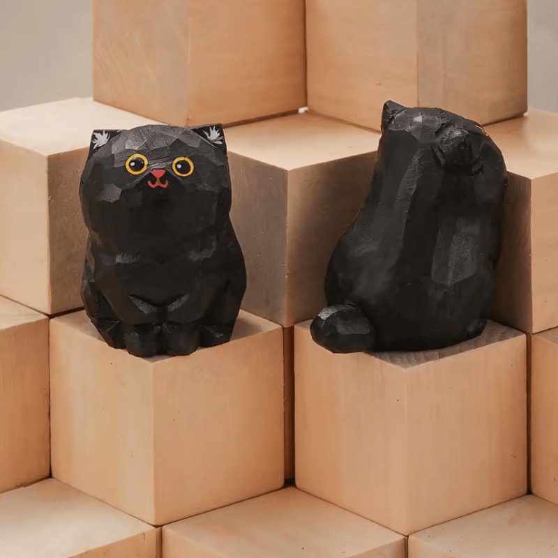 Handcrafted Wooden Cat Figurine Cute Kitten Desk Car Decor Ornament 9