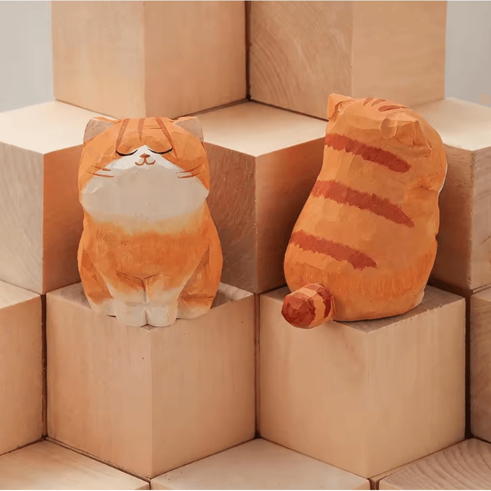 Handcrafted Wooden Cat Figurine Cute Kitten Desk Car Decor Ornament 1