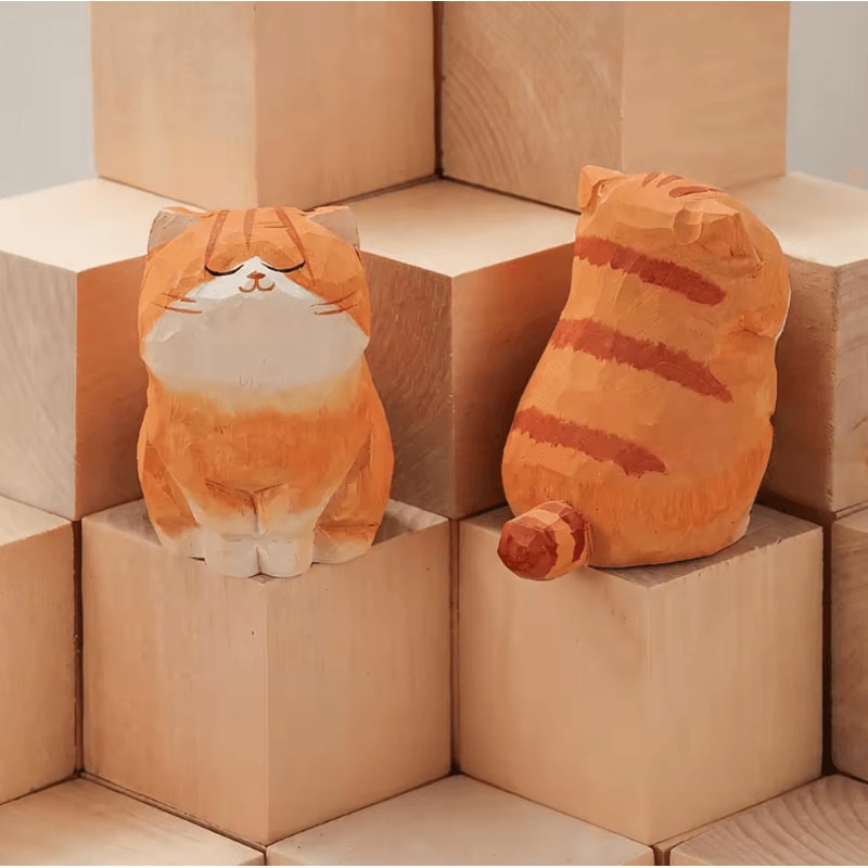 Handcrafted Wooden Cat Figurine Cute Kitten Desk Car Decor Ornament 1