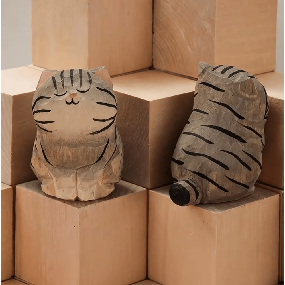 Handcrafted Wooden Cat Figurine Cute Kitten Desk Car Decor Ornament 5