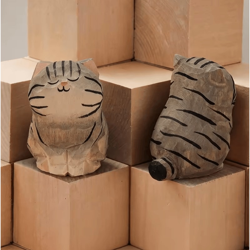 Handcrafted Wooden Cat Figurine Cute Kitten Desk Car Decor Ornament 5