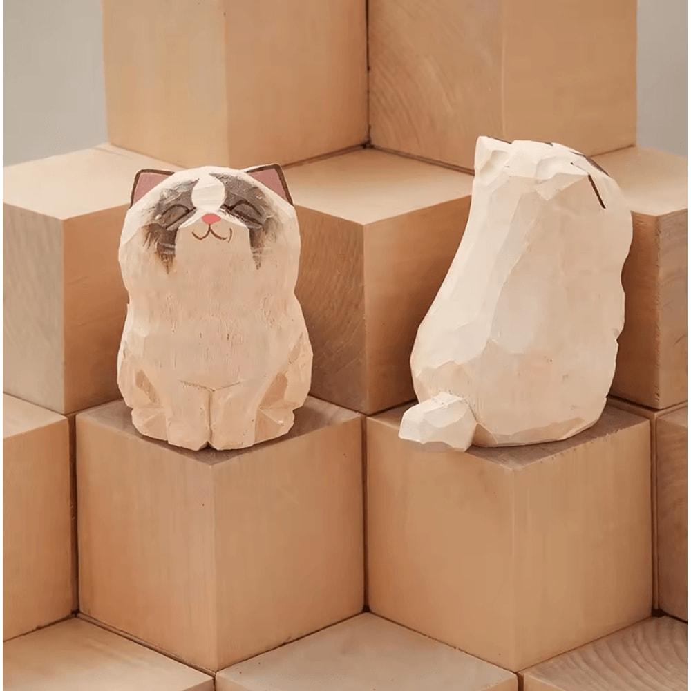 Handcrafted Wooden Cat Figurine Cute Kitten Desk Car Decor Ornament 7