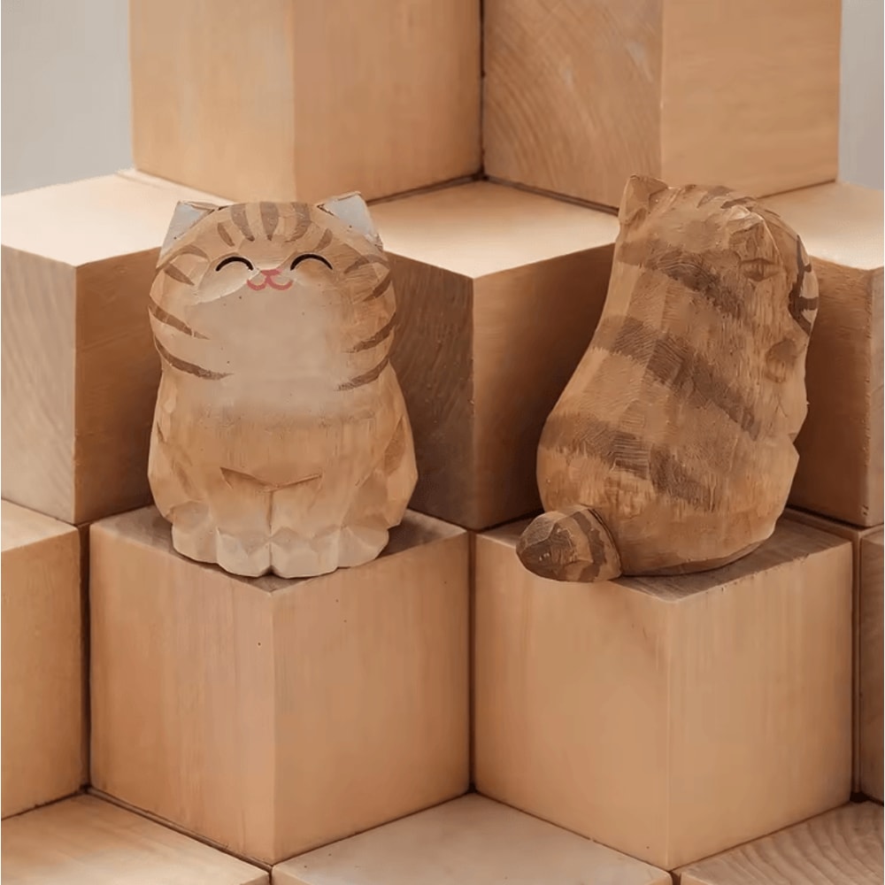 Handcrafted Wooden Cat Figurine Cute Kitten Desk Car Decor Ornament 8