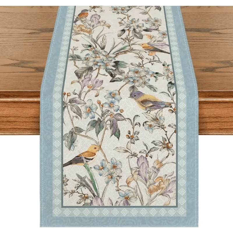 Blue Birds Floral Linen Table Runner Elegant Spring Blossom Farmhouse Table Decor 0
