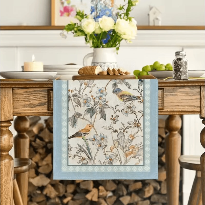 Blue Birds Floral Linen Table Runner Elegant Spring Blossom Farmhouse Table Decor 1