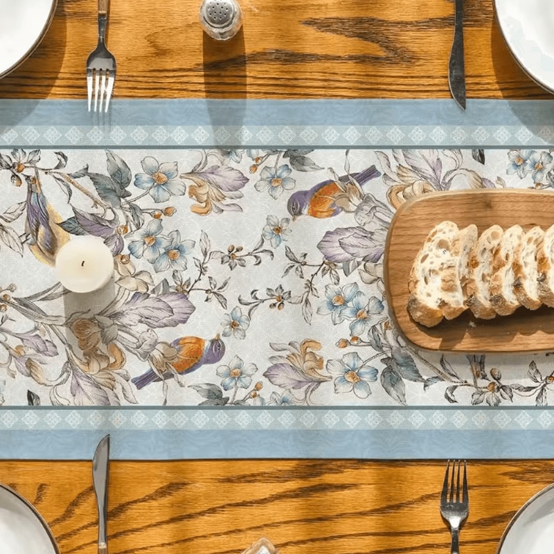 Blue Birds Floral Linen Table Runner Elegant Spring Blossom Farmhouse Table Decor 3