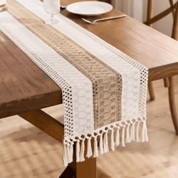 boho macrame table runner with tassels – cream & brown farmhouse linen table decor