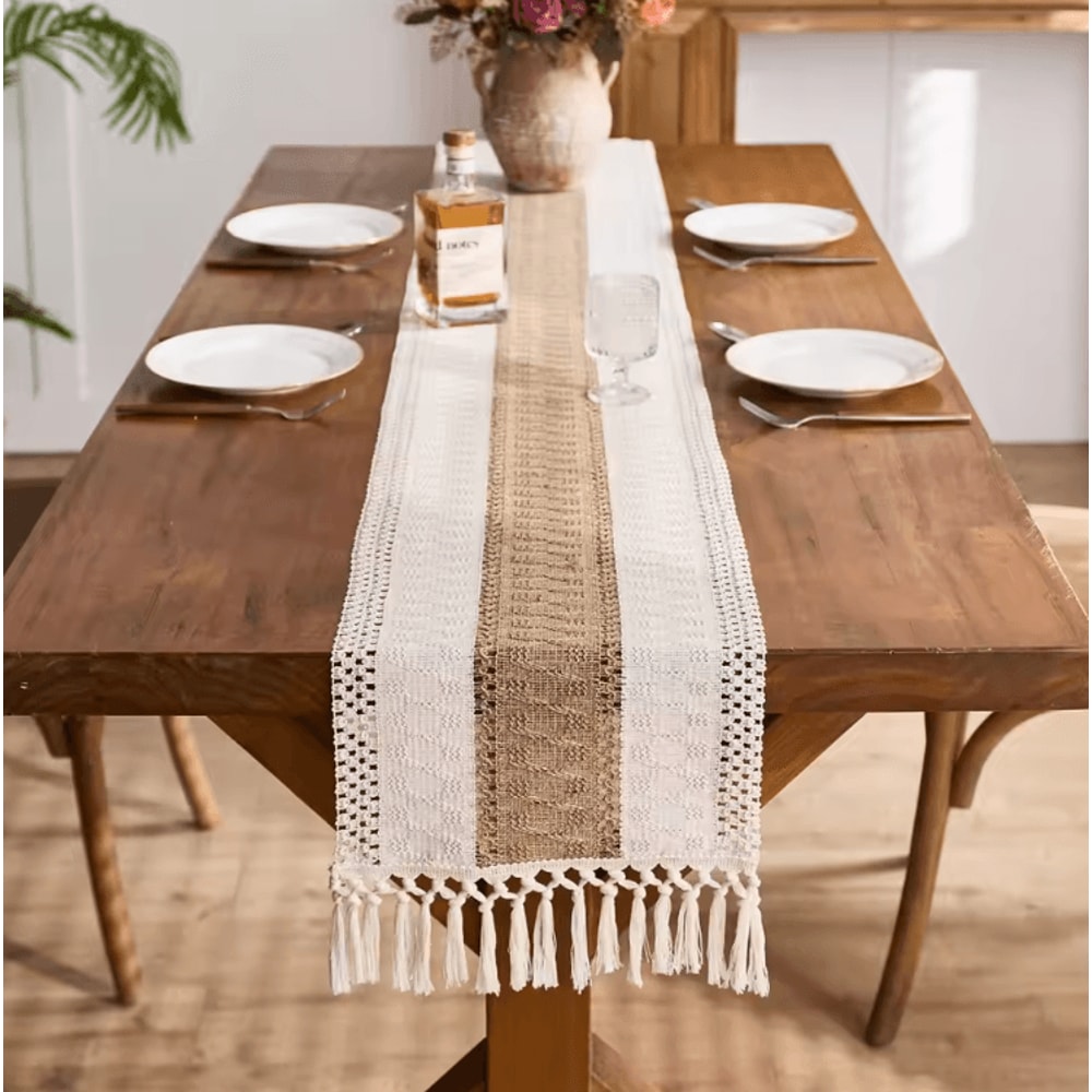 Boho Macrame Table Runner With Tassels Cream Brown Farmhouse Linen Table Decor 2
