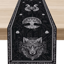 norse viking raven linen table runner – mythology tree of life farmhouse table decor