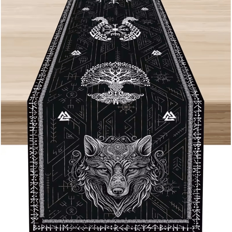 Norse Viking Raven Linen Table Runner Mythology Tree Of Life Farmhouse Table Decor 0