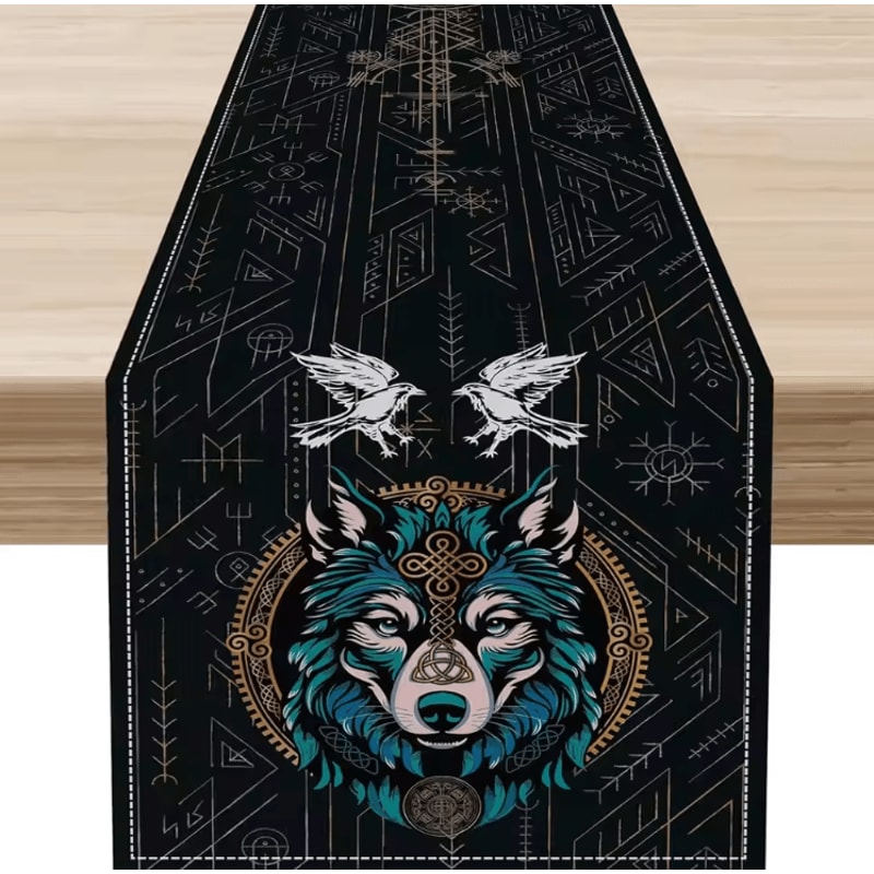 Norse Viking Raven Linen Table Runner Mythology Tree Of Life Farmhouse Table Decor 2