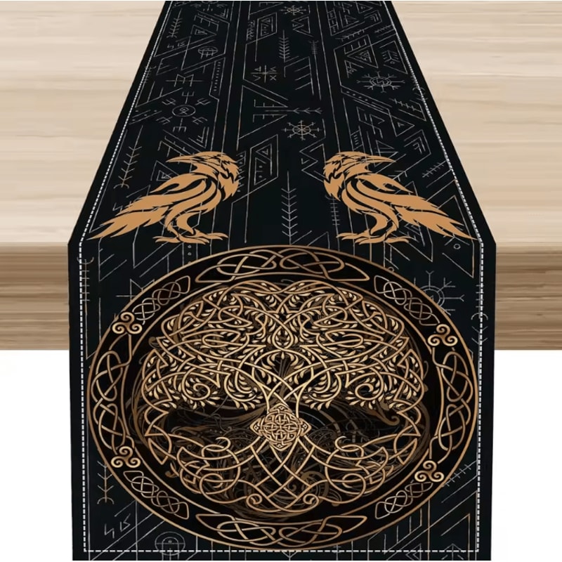 Norse Viking Raven Linen Table Runner Mythology Tree Of Life Farmhouse Table Decor 3