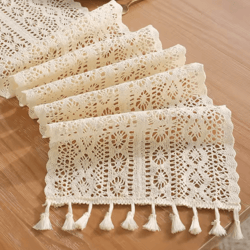 boho macrame beige table runner with tassels – vintage farmhouse crochet table decor
