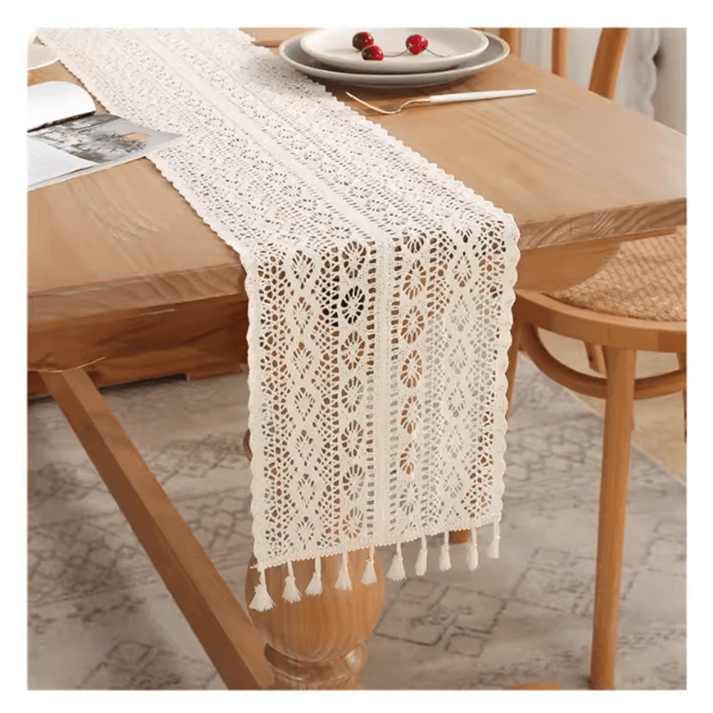 Boho Macrame Beige Table Runner With Tassels Vintage Farmhouse Crochet Table Decor 3