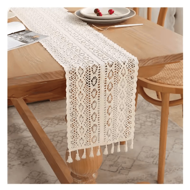 Boho Macrame Beige Table Runner With Tassels Vintage Farmhouse Crochet Table Decor 3