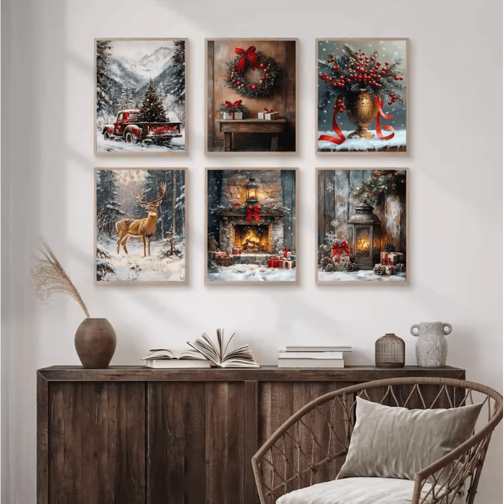 Vintage Red Truck Christmas Canvas Wall Art Rustic Winter Farmhouse Decor 0