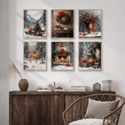 vintage red truck christmas canvas wall art – rustic winter farmhouse decor