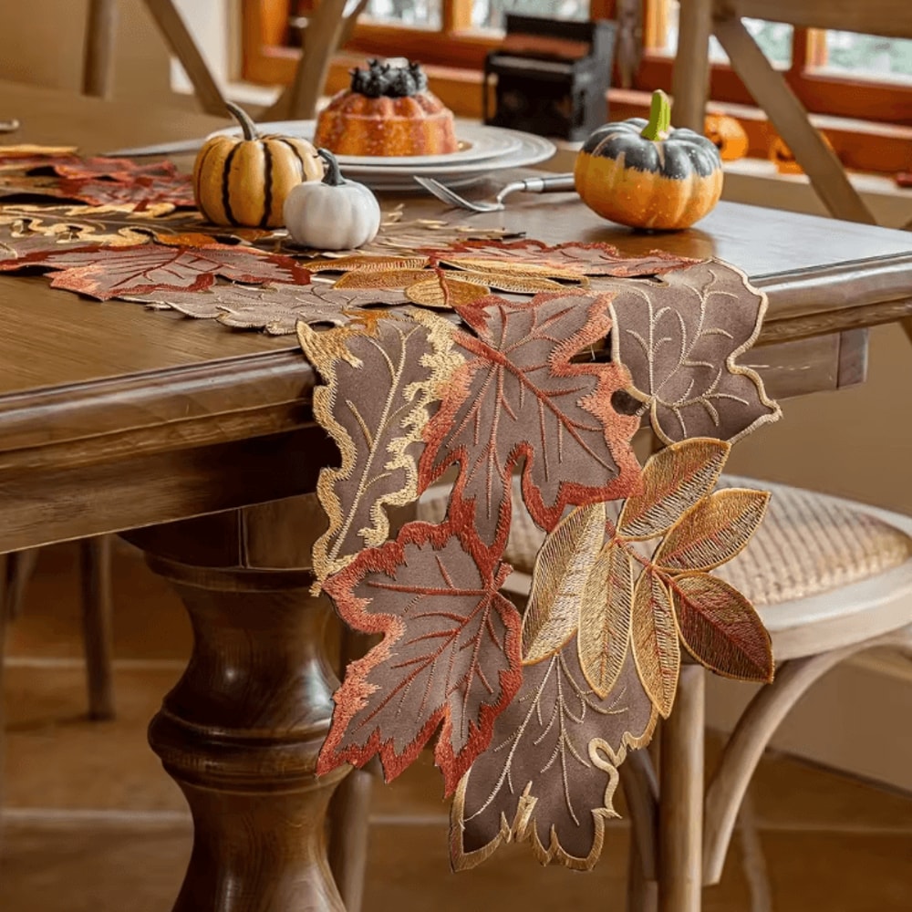 Embroidered Maple Leaf Table Runner Rustic Farmhouse Fall Thanksgiving Decor 0