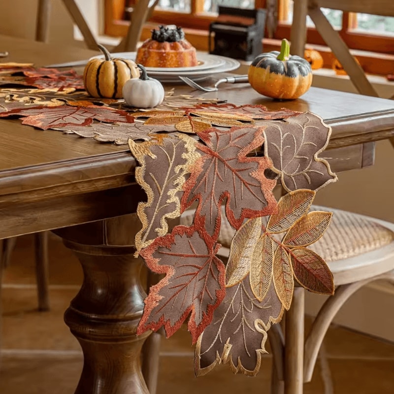 Embroidered Maple Leaf Table Runner Rustic Farmhouse Fall Thanksgiving Decor 0
