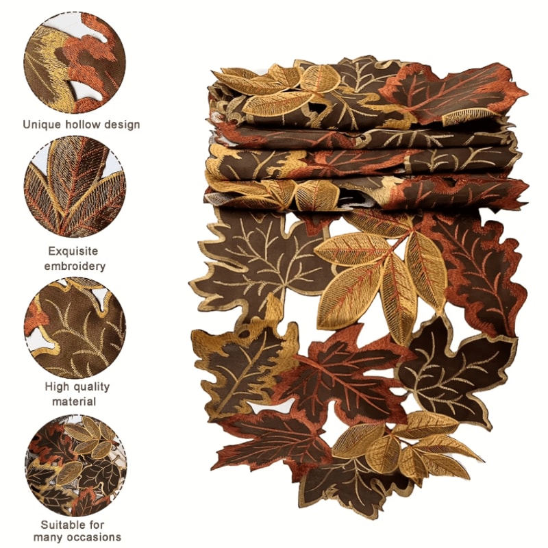 Embroidered Maple Leaf Table Runner Rustic Farmhouse Fall Thanksgiving Decor 1