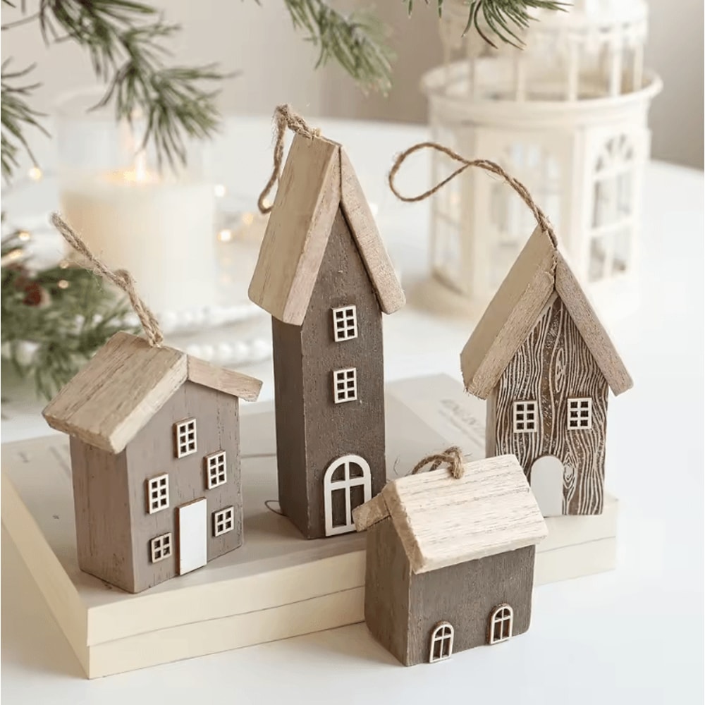 Rustic Wooden Christmas House Ornament Mini Hanging Holiday Decor 0