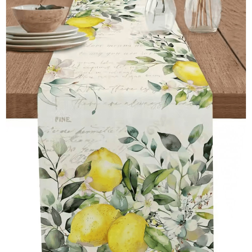 Eucalyptus Lemon Linen Table Runner Fresh Botanical Farmhouse Dining Decor 0