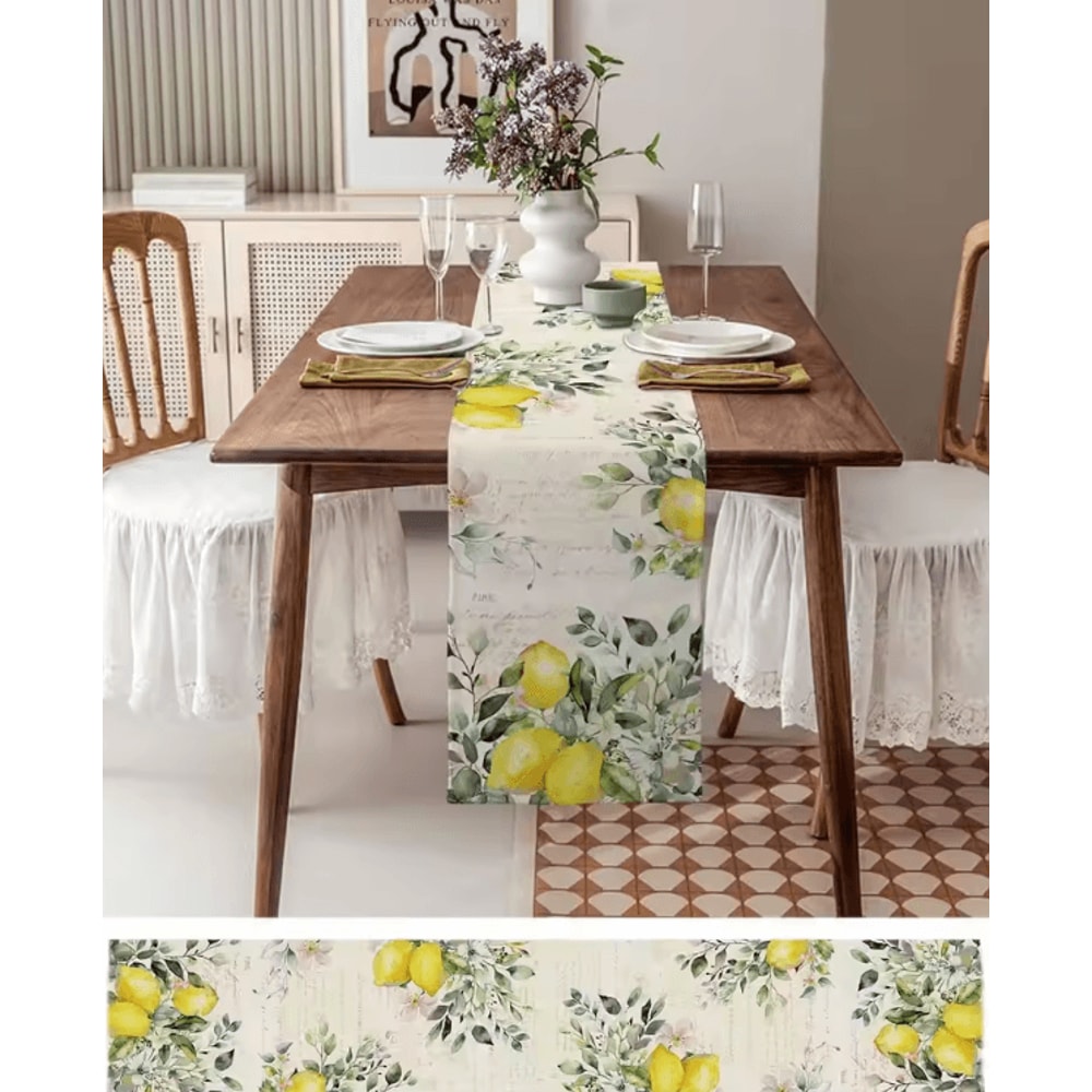 Eucalyptus Lemon Linen Table Runner Fresh Botanical Farmhouse Dining Decor 1
