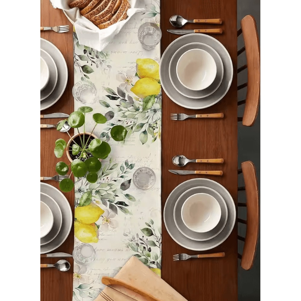 Eucalyptus Lemon Linen Table Runner Fresh Botanical Farmhouse Dining Decor 2