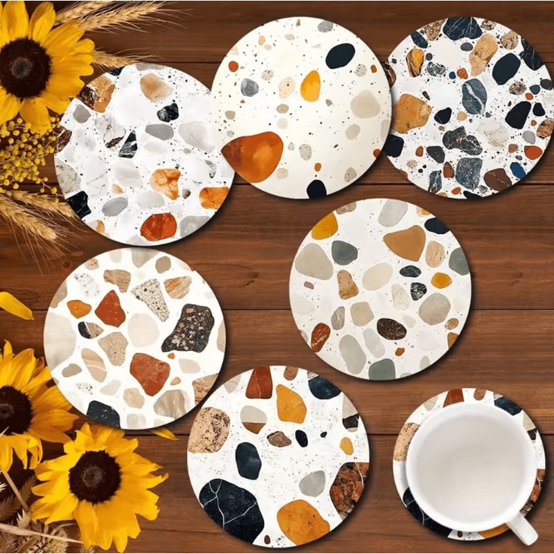 6Piece Wooden Stone Pattern Coaster Set Stylish Table Protection Decor 1
