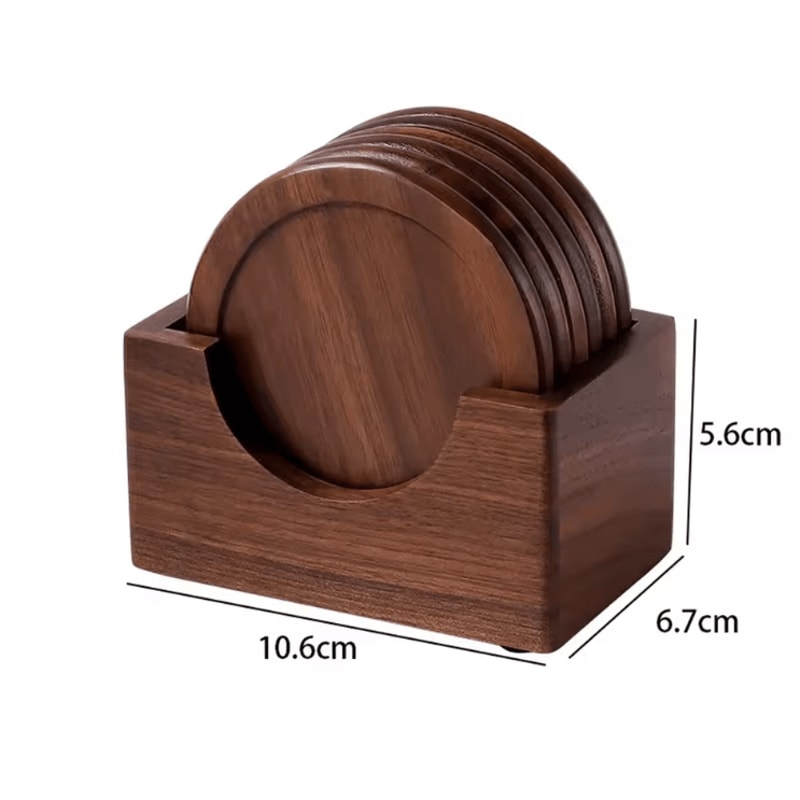 6Piece Walnut Wood Coaster Set Round Japanese Style Table Protection Decor 2