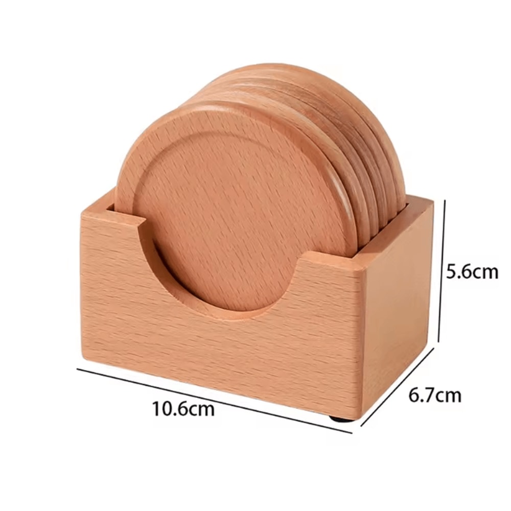 6Piece Walnut Wood Coaster Set Round Japanese Style Table Protection Decor 3