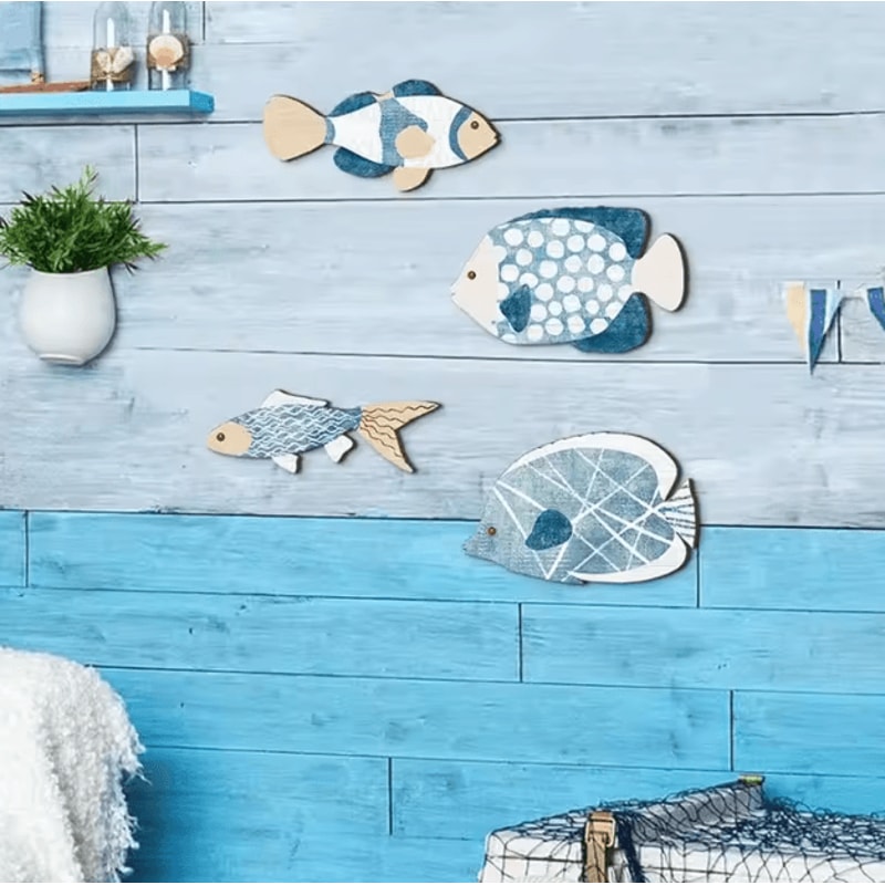 4Piece Wooden Coastal Fish Wall Decor Rustic Nautical Beach House Art Set 0