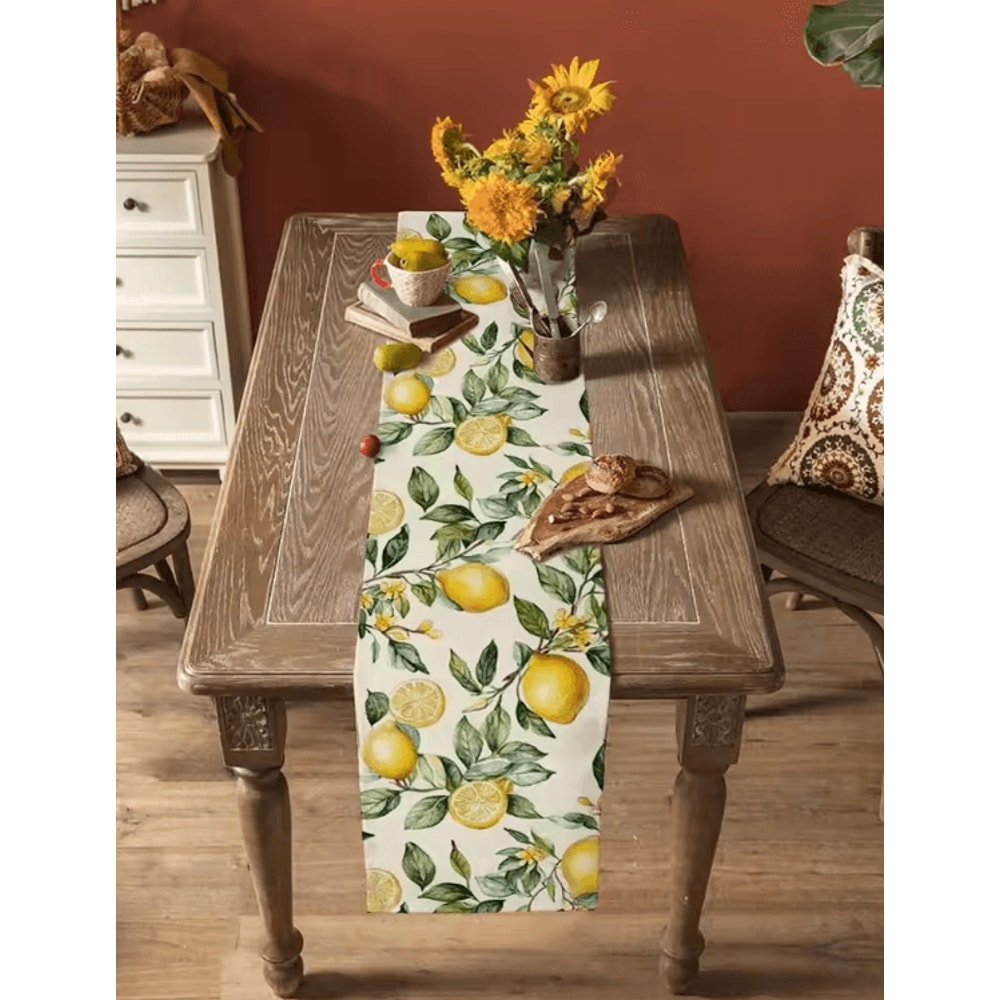 Watercolor Lemon Linen Table Runner Fresh Botanical Farmhouse Dining Decor 1