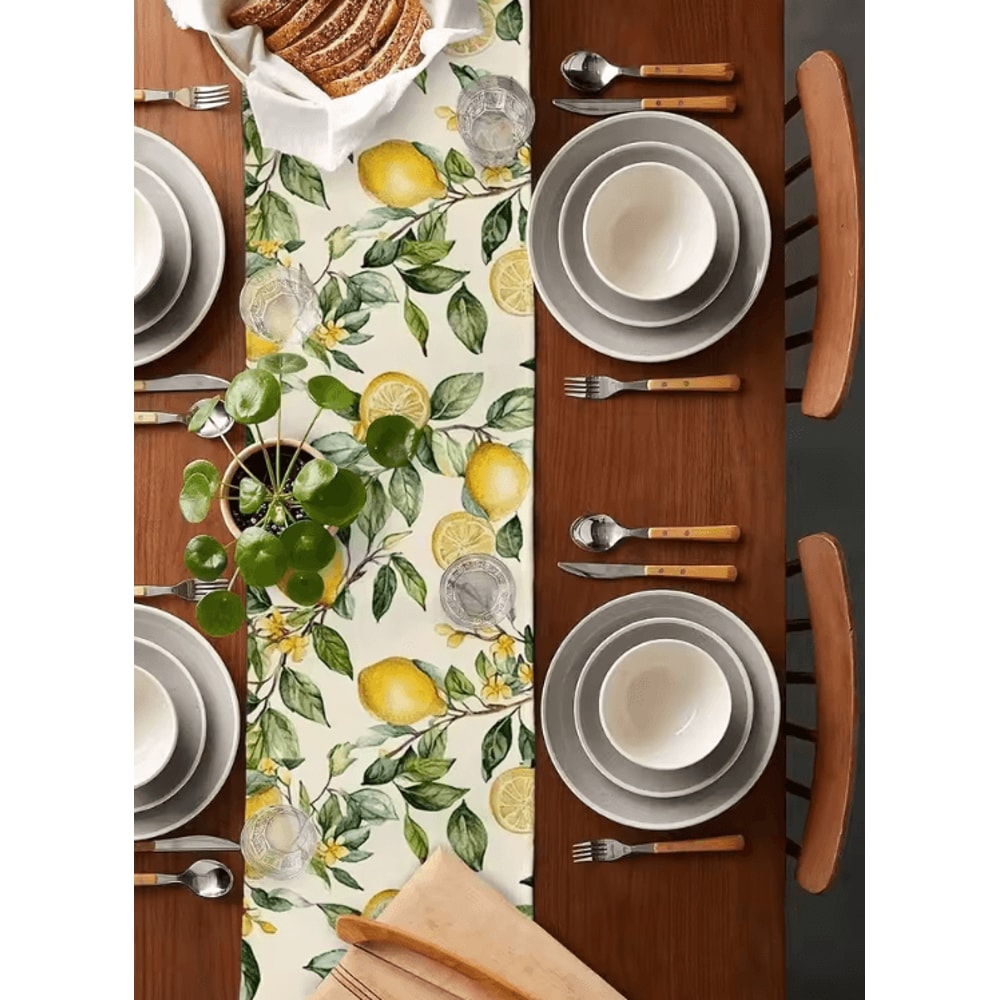 Watercolor Lemon Linen Table Runner Fresh Botanical Farmhouse Dining Decor 2