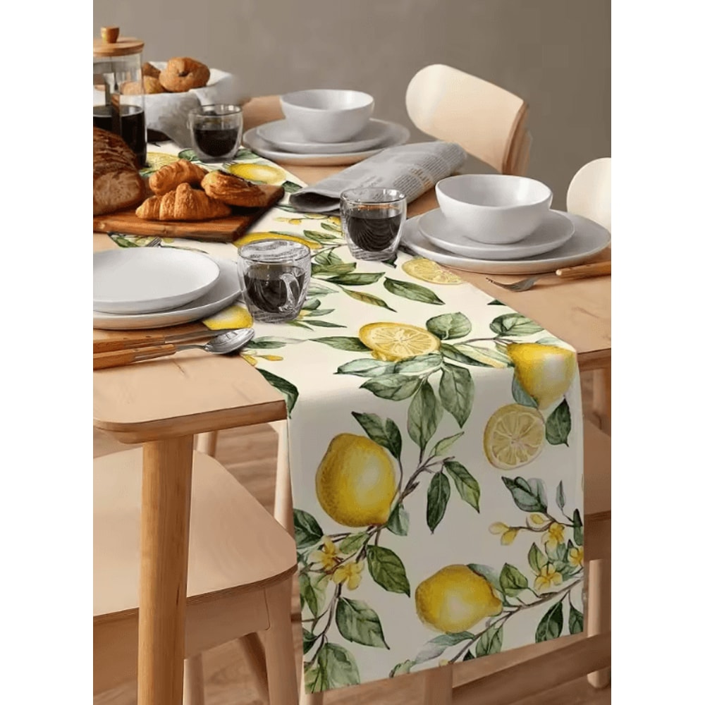 Watercolor Lemon Linen Table Runner Fresh Botanical Farmhouse Dining Decor 4