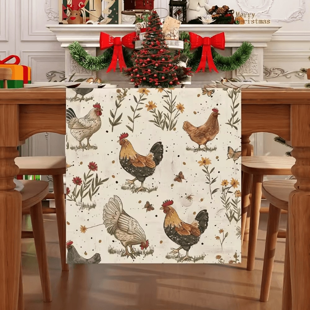 Vintage Rooster Floral Linen Table Runner Rustic Farmhouse Bird Dining Decor 0