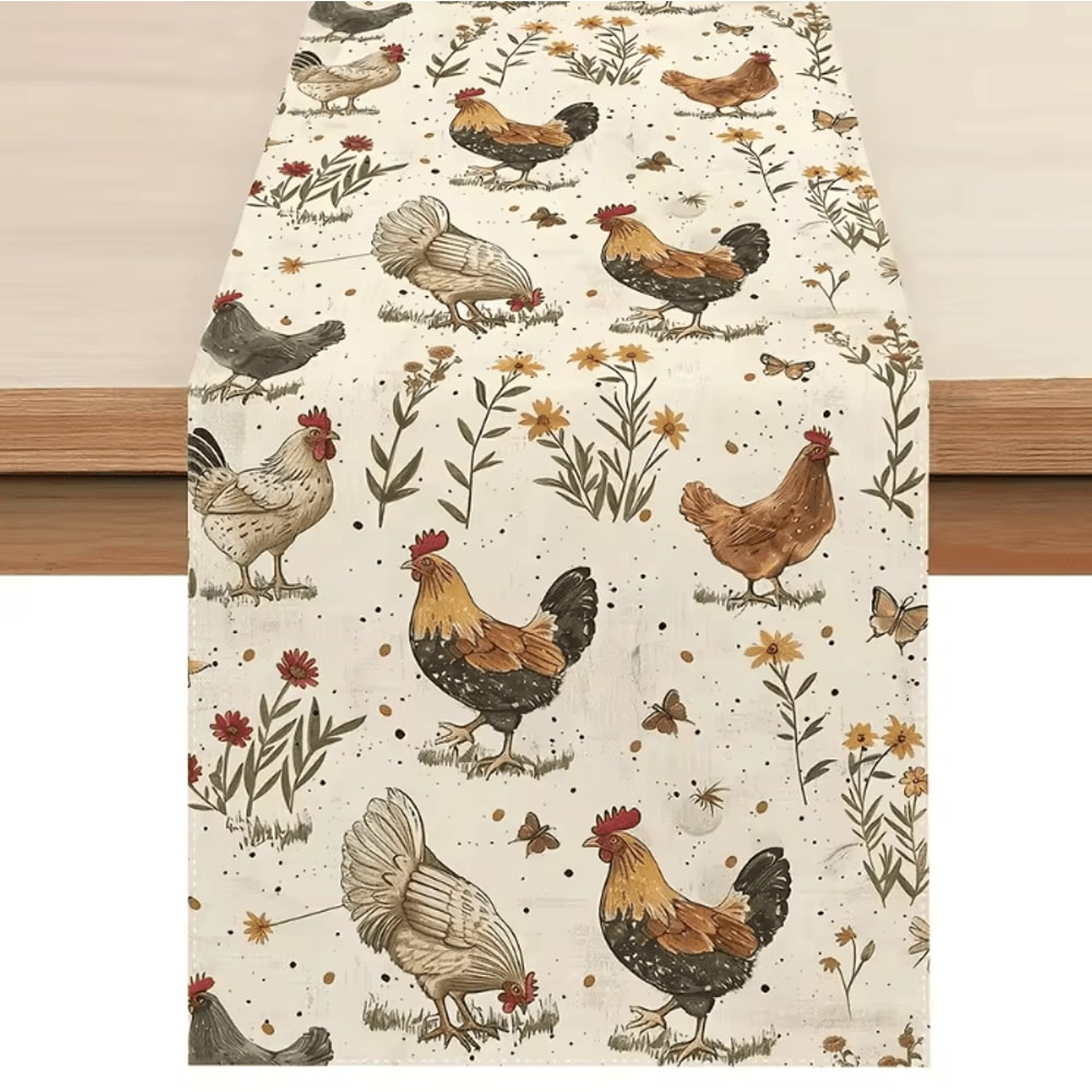Vintage Rooster Floral Linen Table Runner Rustic Farmhouse Bird Dining Decor 1