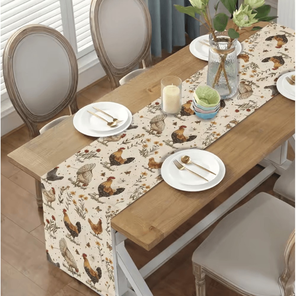 Vintage Rooster Floral Linen Table Runner Rustic Farmhouse Bird Dining Decor 2