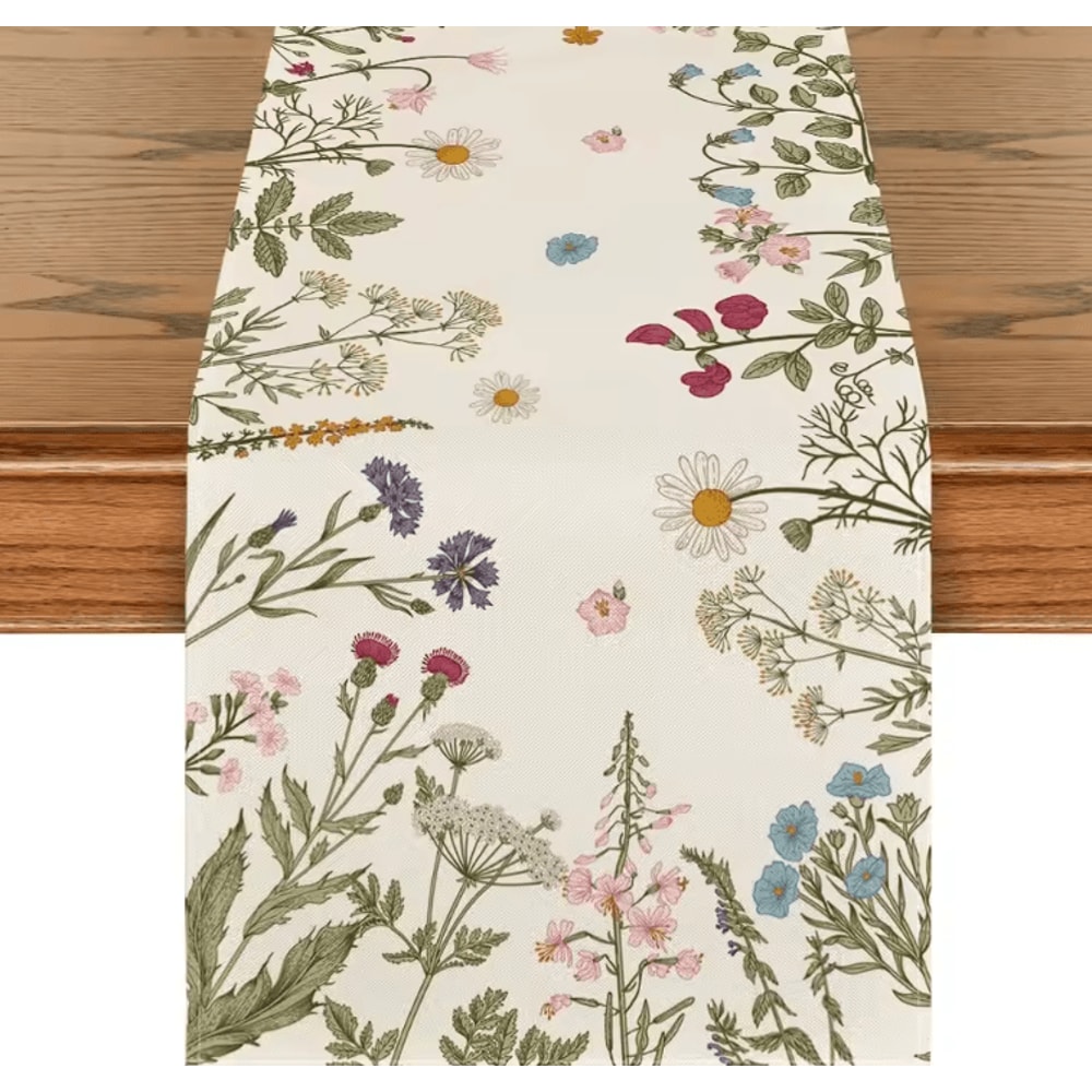 Spring Daisy Linen Table Runner Floral Farmhouse Dining Table Decor 0