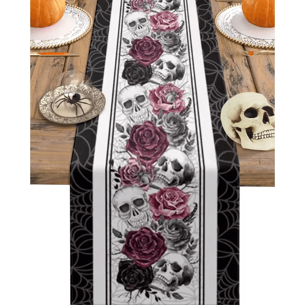 Gothic Skull Rose Crow Linen Table Runner Halloween Party Dining Decor 0