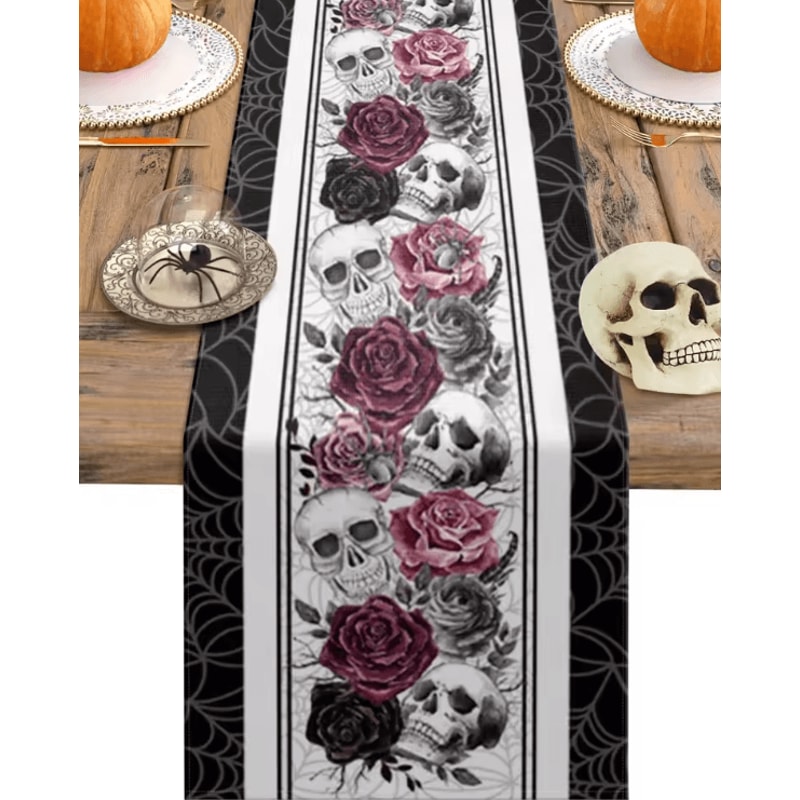 Gothic Skull Rose Crow Linen Table Runner Halloween Party Dining Decor 0