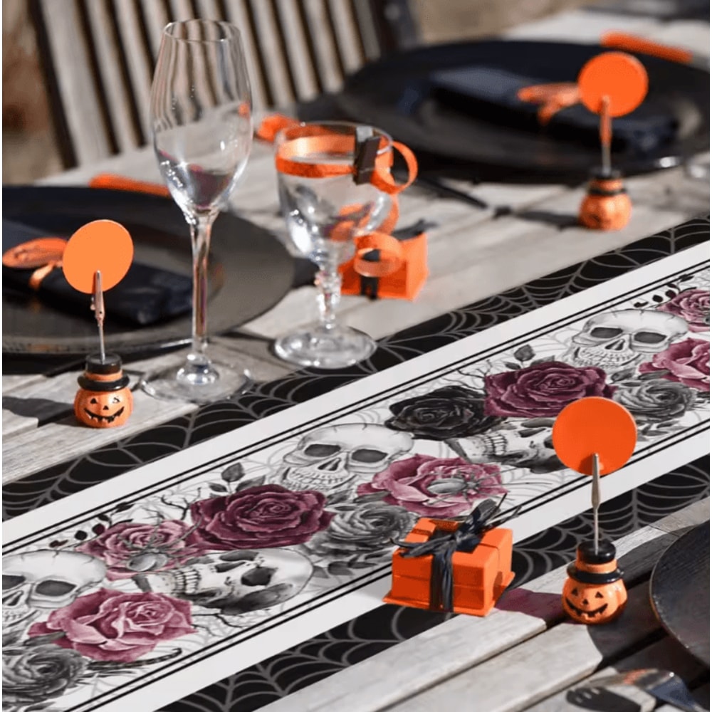 Gothic Skull Rose Crow Linen Table Runner Halloween Party Dining Decor 1