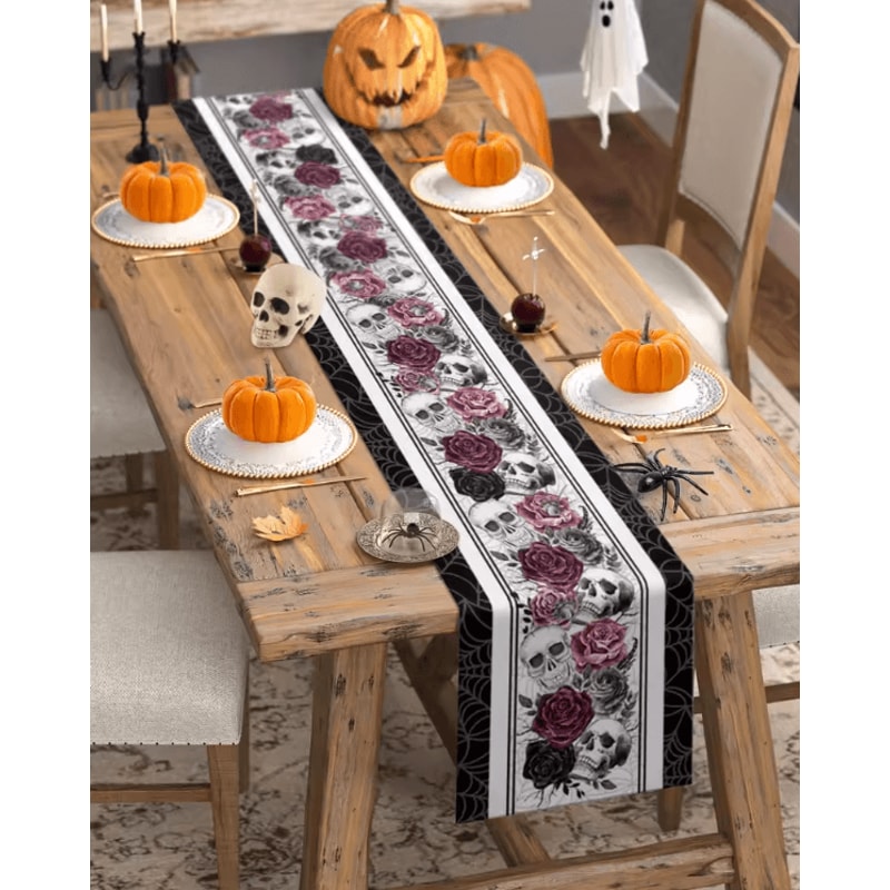 Gothic Skull Rose Crow Linen Table Runner Halloween Party Dining Decor 4