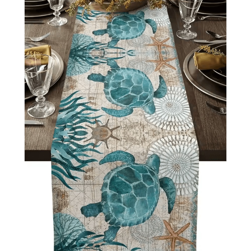 Nautical Sea Turtle Starfish Linen Table Runner Coastal Farmhouse Dining Decor 0