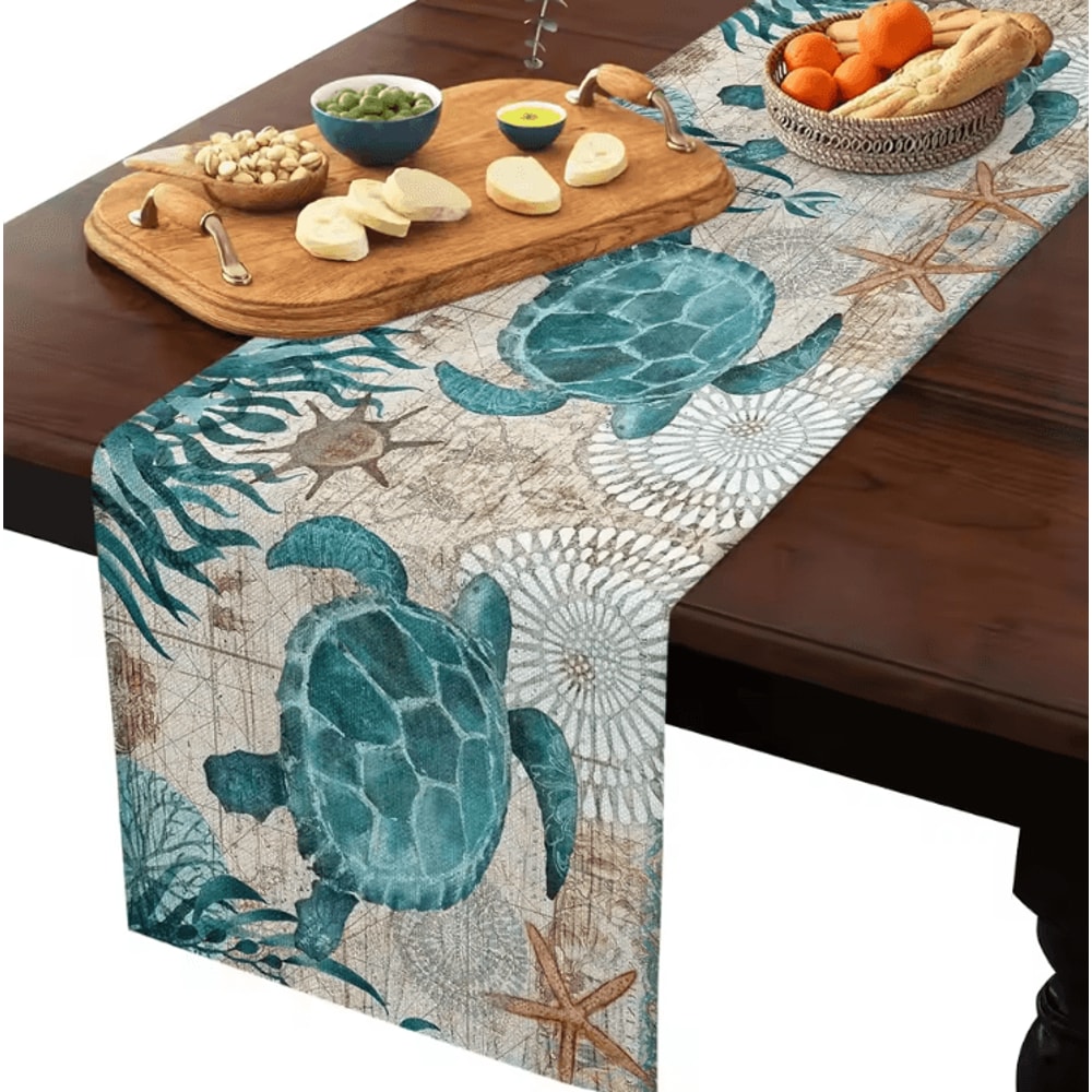 Nautical Sea Turtle Starfish Linen Table Runner Coastal Farmhouse Dining Decor 2